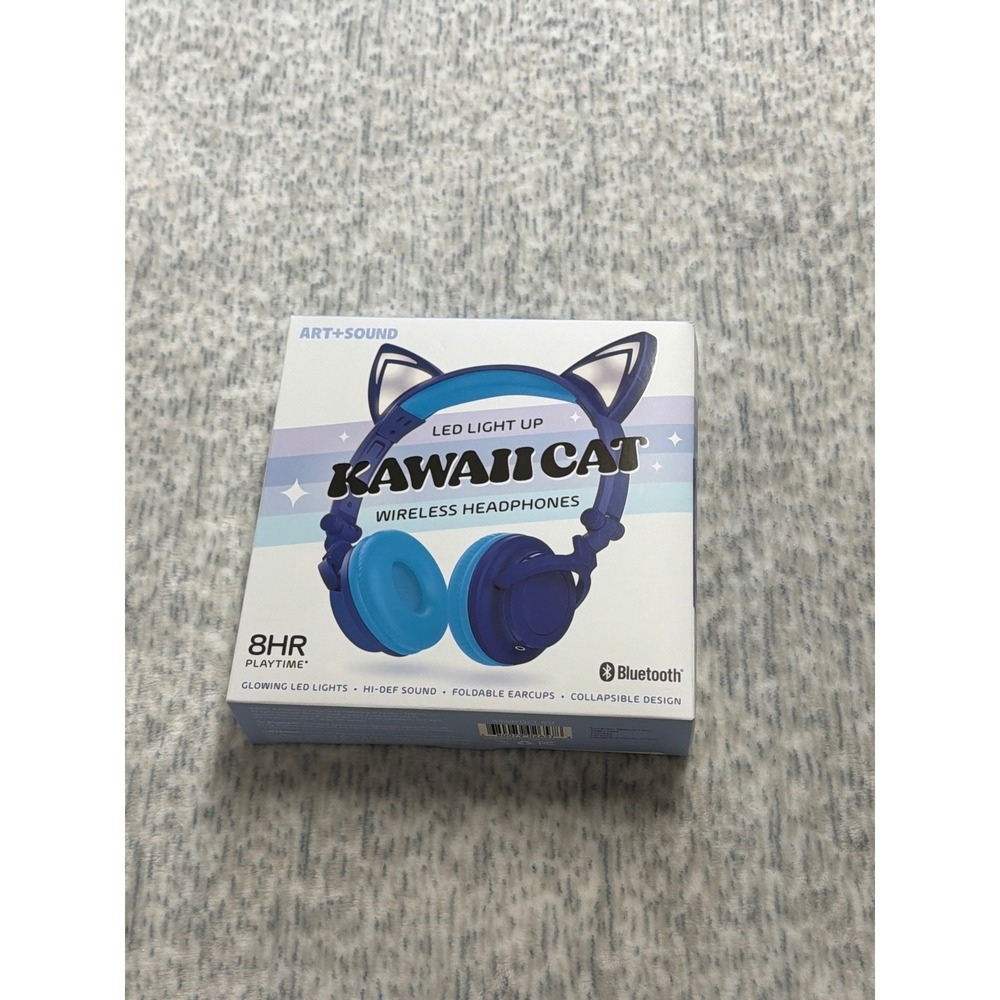 Art+Sound Kawaii Cat LED Light Up Wireless Bluetooth Headphones Blue Foldable‎